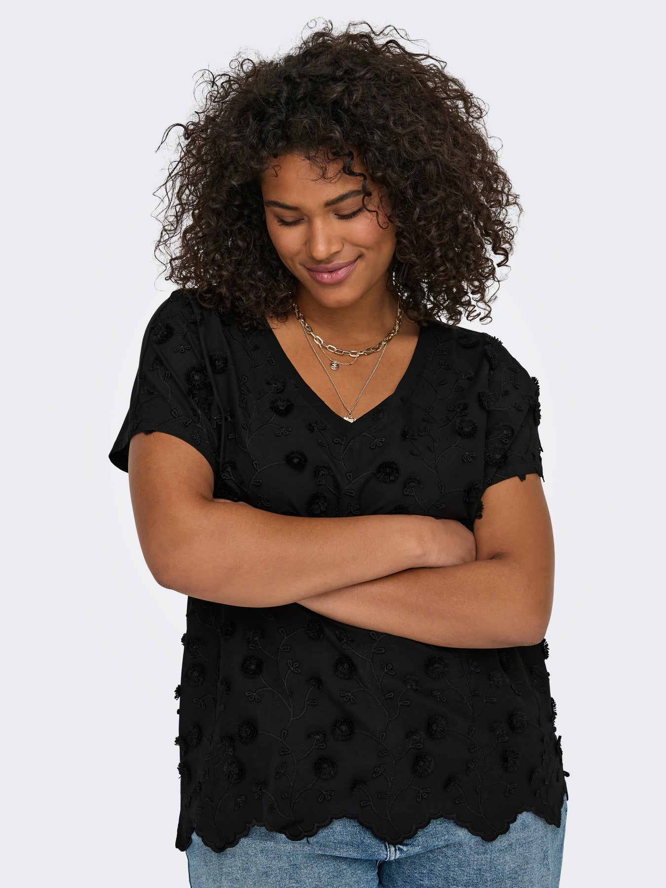 CARLULU S/S V-NECK TOP BOX JRS Black 3d Flower