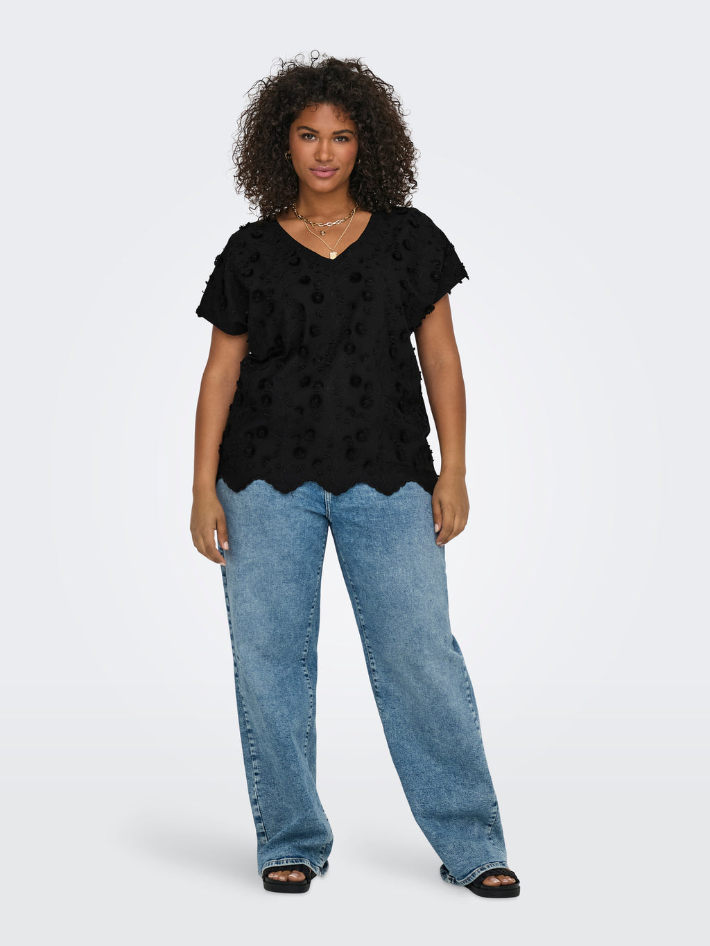 CARLULU S/S V-NECK TOP BOX JRS Black 3d Flower
