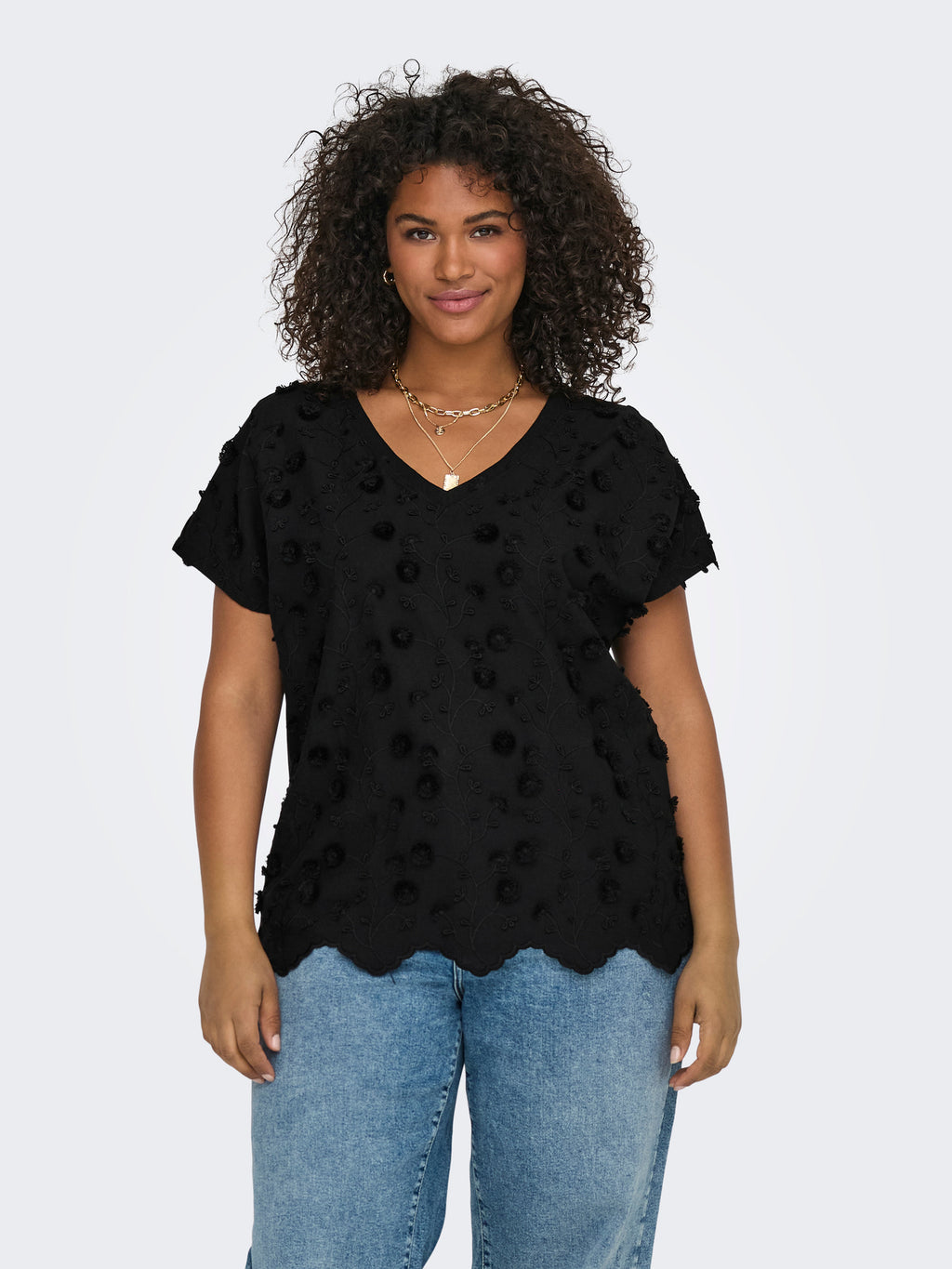 CARLULU S/S V-NECK TOP BOX JRS Black 3d Flower