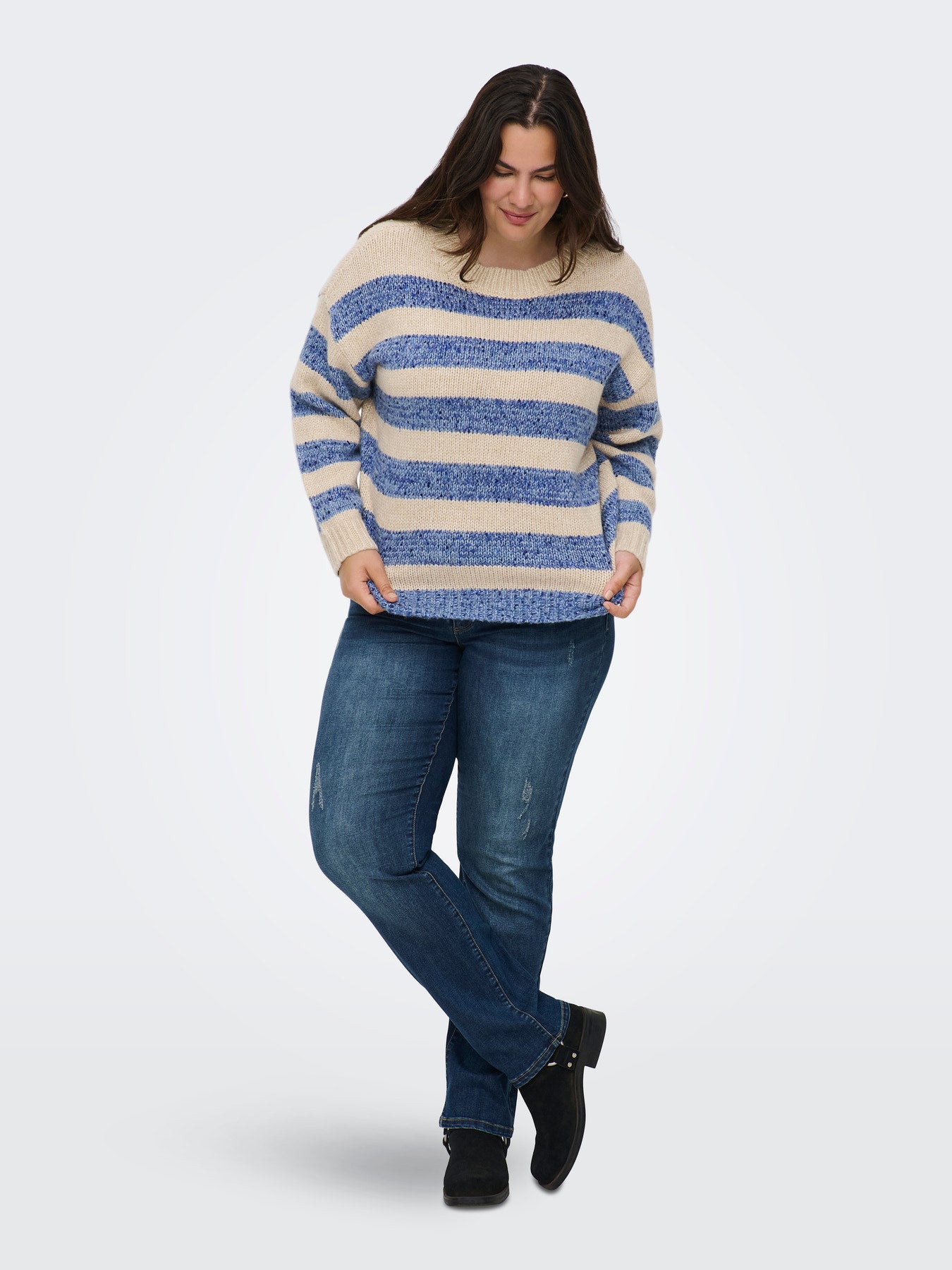 CARDUNDEE LIFE LS SEQ STRIPE O-NECK KNT Blauw